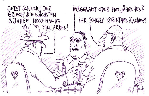 Cartoon: korinthenkacker (medium) by Andreas Prüstel tagged griechenland,schuldenkrise,neues,hilfspaket,geldgeber,eu,europa,euro,stammtisch,deutschland,korinthenkacker,korinthen,cartoon,karikatur,andreas,pruestel,griechenland,schuldenkrise,neues,hilfspaket,geldgeber,eu,europa,euro,stammtisch,deutschland,korinthenkacker,korinthen,cartoon,karikatur,andreas,pruestel