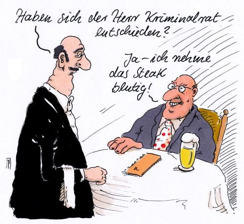 Cartoon: kriminalrat (medium) by Andreas Prüstel tagged kriminalist,kriminalrat,polizei,essen,steak,blutig,blut,restaurant,cartoon,karikatur,andreas,pruestel,kriminalist,kriminalrat,polizei,essen,steak,blutig,blut,restaurant,cartoon,karikatur,andreas,pruestel