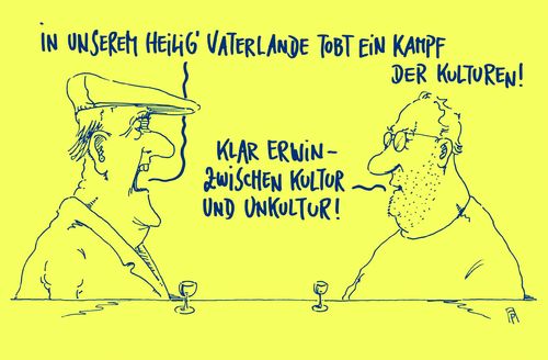 Cartoon: kulturen (medium) by Andreas Prüstel tagged kampf,der,kulturen,polarisierung,radikalisierung,islam,christentum,flüchtlinge,immigration,kultur,unkultur,cartoon,karikatur,andreas,pruestel,kampf,der,kulturen,polarisierung,radikalisierung,islam,christentum,flüchtlinge,immigration,kultur,unkultur,cartoon,karikatur,andreas,pruestel