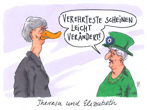 Cartoon: lame duck may (medium) by Andreas Prüstel tagged großbritannien,parlamentswahlen,theresa,may,tories,verluste,queen,brexit,cartoon,karikatur,andreas,pruestel,großbritannien,parlamentswahlen,theresa,may,tories,verluste,queen,brexit,cartoon,karikatur,andreas,pruestel