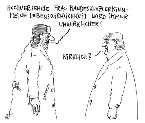 Cartoon: lebenswirklichkeit (medium) by Andreas Prüstel tagged verarmung,bundeskanzelerin,merkel,angela,unwirklich,unwort,lebenswirklichkeit,lebenswirklichkeit,unwort,unwirklich,angela,merkel,bundeskanzelerin,verarmung