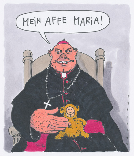 Cartoon: maria (medium) by Andreas Prüstel tagged bischof,avemaria,spielzeug,plüschtier,affe,bischof,spielzeug,plüschtier,affe,religion,kirche,glaube,kuscheltier