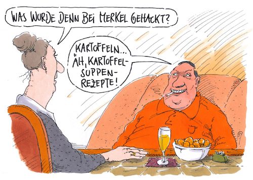 Cartoon: merkel gehackt (medium) by Andreas Prüstel tagged hackerangriff,politiker,parteien,prominente,merkel,kartoffelsuppe,rezepte,cartoon,karikatur,andreas,pruestel,hackerangriff,politiker,parteien,prominente,merkel,kartoffelsuppe,rezepte,cartoon,karikatur,andreas,pruestel