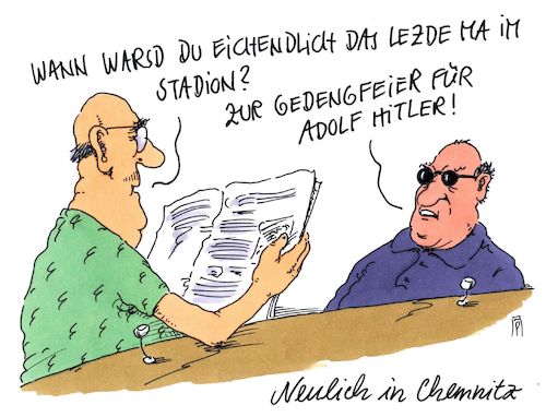 Cartoon: neulich in chemnitz (medium) by Andreas Prüstel tagged fußball,stadien,rechtsradikale,fans,neonazis,gedenkfeier,chemnitz,sachsen,adolf,hitler,cartoon,karikatur,andreas,pruestel,fußball,stadien,rechtsradikale,fans,neonazis,gedenkfeier,chemnitz,sachsen,adolf,hitler,cartoon,karikatur,andreas,pruestel