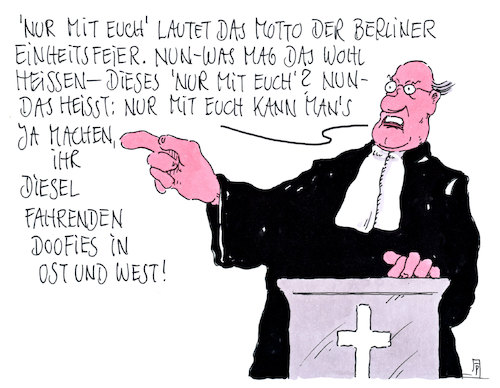 Cartoon: nur mit euch (medium) by Andreas Prüstel tagged einheitstag,einheitsfeier,berlin,motto,dieselskandal,predigt,pastor,cartoon,karikatur,andreas,pruestel,einheitstag,einheitsfeier,berlin,motto,dieselskandal,predigt,pastor,cartoon,karikatur,andreas,pruestel