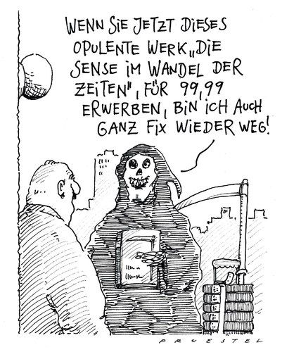 Cartoon: opulent (medium) by Andreas Prüstel tagged tod,fachbuch,business,sense,haustürverkauf,tod,fachbuch,business,sense,haustürverkauf,vertreter,verkauf,handel,leben,existenz,sterben,sensenmann,literatur