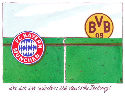 Cartoon: pokalfinale (medium) by Andreas Prüstel tagged fußball,pokalfinale,fc,bayern,münchen,borussia,dortmund,bvb,berlin,olympiastadion,rivalität,deutsche,teilung,berliner,mauer,cartoon,karikatur,andreas,pruestel,fußball,pokalfinale,fc,bayern,münchen,borussia,dortmund,bvb,berlin,olympiastadion,rivalität,deutsche,teilung,berliner,mauer,cartoon,karikatur,andreas,pruestel