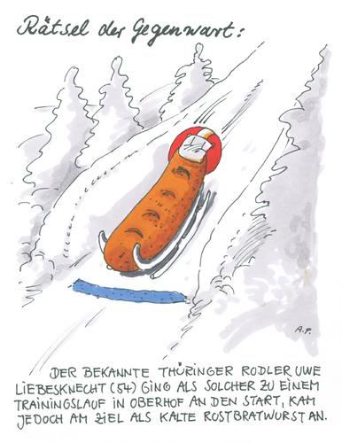 Cartoon: rodlerrätsel (medium) by Andreas Prüstel tagged thüringen,oberhof,rennrodeln,rodler,rätsel,training,rostbratwurst,cartoon,andreas,prüstel,wintersport,leistungssport,thüringen,oberhof,rennrodeln,rodler,rätsel,training,rostbratwurst,cartoon,andreas,prüstel,wintersport,leistungssport