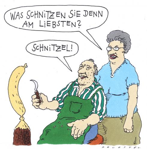 Cartoon: schnitzer (medium) by Andreas Prüstel tagged wurst,kunsthandwerk,schnitzel,kunsthandwerk,skulptur,kunst,holzschnitt,holzschnitzerei,holzskulptur,wurst,schnitzel,wiener schnitzel,fleisch,fleischerei,fleischer,metzger,paniert,wiener