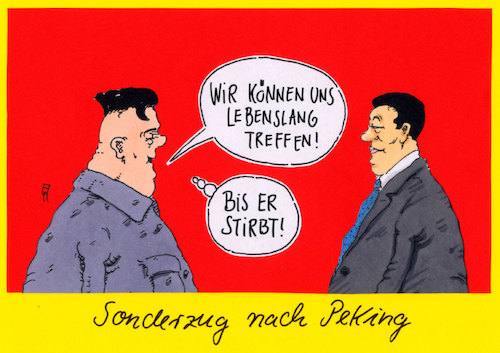 Cartoon: sonderzug (medium) by Andreas Prüstel tagged nordkorea,china,kim,jong,un,xi,jinping,treffen,sonderzug,lebenslange,amtszeit,cartoon,karikatur,andreas,pruestel,nordkorea,china,kim,jong,un,xi,jinping,treffen,sonderzug,lebenslange,amtszeit,cartoon,karikatur,andreas,pruestel