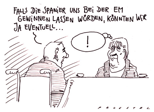 Cartoon: spanien-deutschland (medium) by Andreas Prüstel tagged eurokrise,spanien,deutschland,bestechung,fußballeuropameisterschaft,spanien,eurokrise,deutschland,bestechung,em,em 2012,merkel,2012