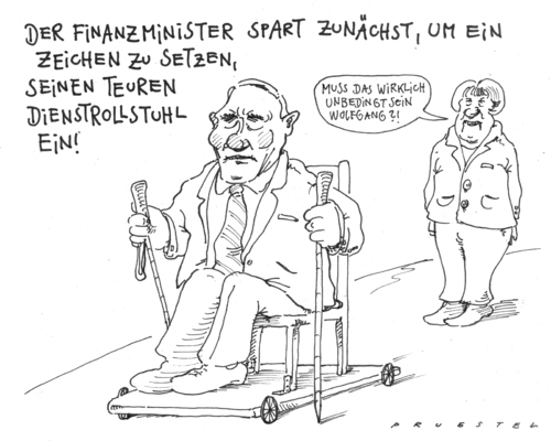 Cartoon: sparen bis es quietscht (medium) by Andreas Prüstel tagged sparpolitik,bundesregierung,schäuble,merkel,sparpolitik,bundesregierung,wolfgang schäuble,angela merkel,finanzminister,finanzen,sparen,wolfgang,schäuble,angela,merkel