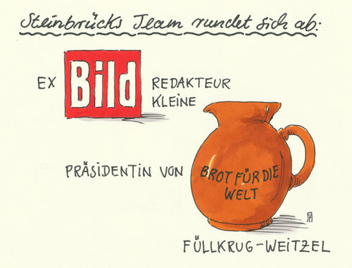 Cartoon: steinbrücks team (medium) by Andreas Prüstel tagged peer,steinbrück,kanzlerkandidat,spd,kompetenzteam,füllkrug,weitzel,brot,für,die,welt,pressesprecher,bildzeitung,cartoon,karikatur,andreas,pruestel,peer,steinbrück,kanzlerkandidat,spd,kompetenzteam,füllkrug,weitzel,brot,für,die,welt,pressesprecher,bildzeitung,cartoon,karikatur,andreas,pruestel