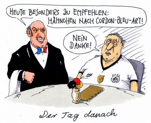 Cartoon: tag danach (medium) by Andreas Prüstel tagged fußballeuropameisterschaft,halbfinale,deutschland,frankreich,hahn,hähnchen,cordon,bleu,fan,niederlage,cartoon,karikatur,andreas,pruestel,fußballeuropameisterschaft,halbfinale,deutschland,frankreich,hahn,hähnchen,cordon,bleu,fan,niederlage,cartoon,karikatur,andreas,pruestel