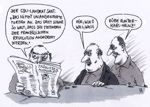 Cartoon: tröglitzer (medium) by Andreas Prüstel tagged tröglitz,sachsen,anhalt,flüchtlingsheim,brandanschlag,morddrohungen,landrat,französische,revolution,enthauptung,cartoon,karikatur,andreas,pruestel,tröglitz,sachsen,anhalt,flüchtlingsheim,brandanschlag,morddrohungen,landrat,französische,revolution,enthauptung,cartoon,karikatur,andreas,pruestel