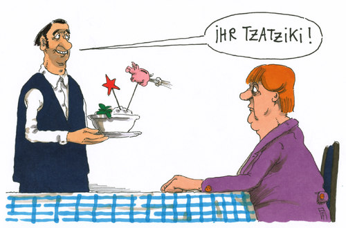 Cartoon: tzatziki merkel (medium) by Andreas Prüstel tagged griechenland,tzatziki,angela,merkel,sparpolitik,wahlen,tsipras,eu,euro,linksbündnis,cartoon,karikatur,andreas,pruestel,griechenland,tzatziki,angela,merkel,sparpolitik,wahlen,tsipras,eu,euro,linksbündnis,cartoon,karikatur,andreas,pruestel