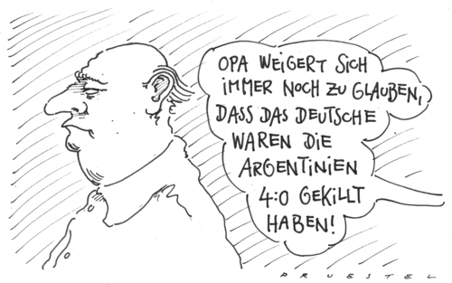 Cartoon: ungläubig (medium) by Andreas Prüstel tagged fußballweltmeisterschaft,viertelfinale,argentinien,deutschland,deutschland,viertelfinale,argentinien,fußballweltmeisterschaft,fußball,wm,weltmeisterschaft,gewinnen,sieg