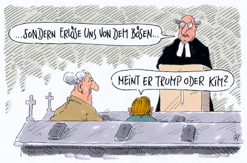 Cartoon: vaterunser (medium) by Andreas Prüstel tagged gottesdienst,vaterunser,trump,kim,jong,un,kriegsdrohungen,kriegsrhetorik,usa,nordkorea,cartoon,karikatur,andreas,pruestel,gottesdienst,vaterunser,trump,kim,jong,un,kriegsdrohungen,kriegsrhetorik,usa,nordkorea,cartoon,karikatur,andreas,pruestel