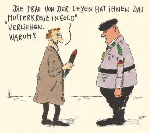 Cartoon: von der leyen (medium) by Andreas Prüstel tagged verteidigungsministerin,ursula,von,der,leyen,orden,ordensverleihung,auszeichnung,bundeswehr,mutterkreuz,cartoon,karikatur,andreas,pruestel,verteidigungsministerin,ursula,von,der,leyen,orden,ordensverleihung,auszeichnung,bundeswehr,mutterkreuz,cartoon,karikatur,andreas,pruestel