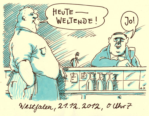 Cartoon: weltende (medium) by Andreas Prüstel tagged weltuntergang,mayakalender,prophezeiung,westfalen,kneipe,weltuntergang,mayakalender,prophezeiung,westfalen,kneipe