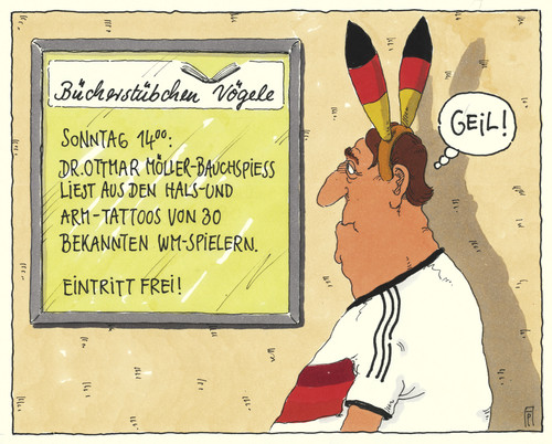 Cartoon: wm-event (medium) by Andreas Prüstel tagged fußballweltmeisterschaft,brasilien,fußballspieler,tattoo,buchhandlung,lesung,cartoon,karikatur,andreas,pruestel,fußballweltmeisterschaft,brasilien,fußballspieler,tattoo,buchhandlung,lesung,cartoon,karikatur,andreas,pruestel