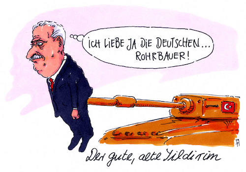 Cartoon: yildirim (medium) by Andreas Prüstel tagged türkei,ministerpräsident,yildirim,deutschlandbesuch,deutsche,rüstungsindustrie,panzer,leopard,kurdenkonflikt,cartoon,karikatur,andreas,pruestel,türkei,ministerpräsident,yildirim,deutschlandbesuch,deutsche,rüstungsindustrie,panzer,leopard,kurdenkonflikt,cartoon,karikatur,andreas,pruestel