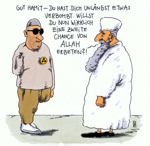 Cartoon: zweite chance (medium) by Andreas Prüstel tagged terror,terroranschläge,bomben,selbstmordattentäter,islamist,salafist,islam,imam,allah,cartoon,karikatur,andreas,pruestel,terror,terroranschläge,bomben,selbstmordattentäter,islamist,salafist,islam,imam,allah,cartoon,karikatur,andreas,pruestel