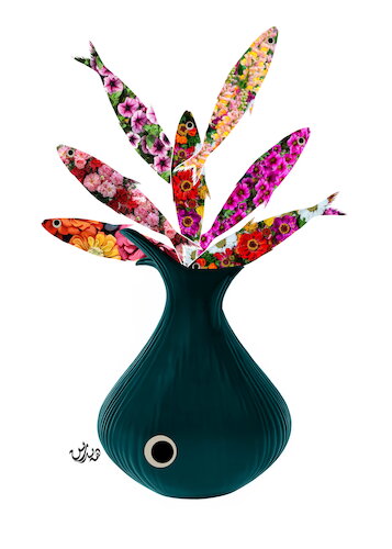 Cartoon: sardine fish in vase cartoon (medium) by handren khoshnaw tagged sardine,fish,vase,cartoon,handren,khoshnaw