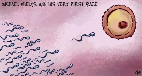 Cartoon: Phelps wins his first race (medium) by kap tagged phelps,sport,swiming,olympics,kap,michael phelps,schwimmer,schwimmen,schwimmwettkampf,erster,olympia,beijing,gold,goldmedaillie,olympiade,olympische spiele,peking,weltrekord,rekord,empfängnis,michael,phelps,olympische,spiele