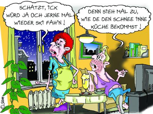 Cartoon: schnee in der küche (medium) by sam tagged frau,mann,bunt,lustig,cartoon,sam,woman,character,man,familie,cartoon,cartoons,mann,frau,frauen,männer,ehe,ehepaar,liebe,partnerschaft,beziehung,küche,hausfrau,ski,urlaub,hausarbeit,klischee