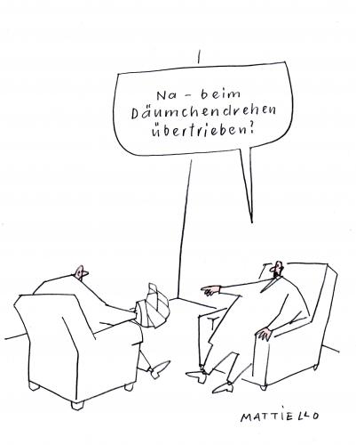 Cartoon: Däumchendrehen (medium) by Mattiello tagged männer,männer,mann,freundschaft,daumen,gips,verletzung,bruch,hand,aufziehen,schadenfreude,däumchen drehen,nachdenken,philosophie,denker,philosoph,denken,grübeln,abwarten,warten,däumchen,drehen,konzentration,erfolg,geschäftsführer