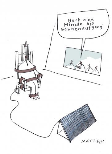 Cartoon: Noch eine Minute (medium) by Mattiello tagged todesstrafe,elektrischer,stuhl,hinrichtung,justiz,todesstrafe,elektrischer stuhl,hinrichtung,justiz,usa,amerika,moral,ethik,solarzellen,solar,solarbetrieben,strom,solarstrom,sparen,einsparung,strompreise,alternative,töten,staatsgewalt,auge um auge,kriminalität,verbrechen,verbrecher,krimineller,gefängnis,elektrik,technik,entwicklung,fortschritt,tötung,gerechtigkeit,zwang,zwingen,sonnenaufgang,solarenergie,energie,sonnenstrahlen,rechtssystem,gesetz,menschlichkeit,humanität,elektrischer,stuhl,auge,um