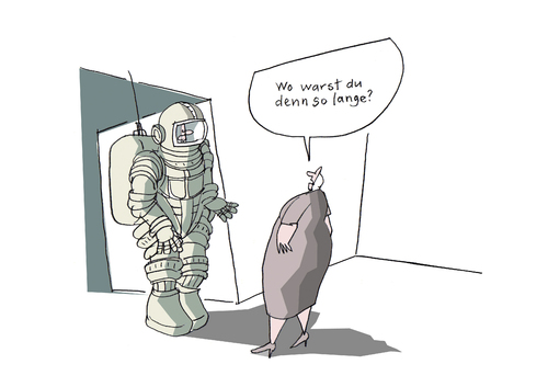 Cartoon: Zurück (medium) by Mattiello tagged zukunft,technik,raumfahrt,beziehung,frau,mann,mann,beziehung,frau,partnerschaft,liebe,ehe,astronaut,arbeit,job,beruf,zurück,distanz,fernbeziehung