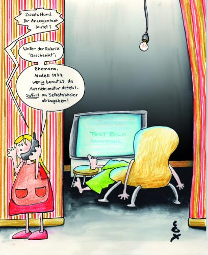 Cartoon: Zweite Hand (medium) by lillian tagged ehemann,beziehung,trennung,langweilig,lgx,lillian,mousli,ehemann,ehe,paar,partnerschaft,beziehung,mann,frau,ehepaar,partner,trennung,langeweile,scheidung,alltag,defekt,technik,technologie,zweite hand,gebraucht,rückgaberecht,verkauf,kunde,konsum,produkt,kaufen,reklamation,antrieb,motivation,kommunikation,liebe,zweite,hand