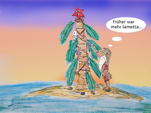 Cartoon: frohes fest (medium) by ab tagged weihnachten,insel,schiffbrüchig,mann,weihnachtsbaum,palme,meer,schmuck