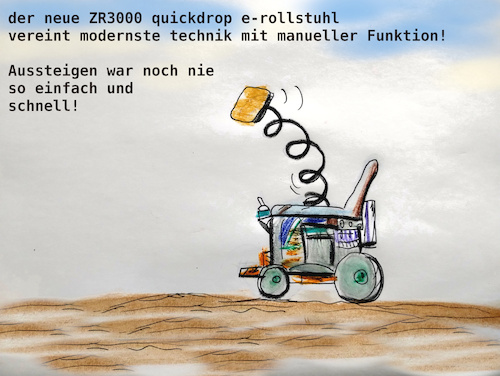 Cartoon: technikmix (medium) by ab tagged rollstuhl,elektronik,behinderung,joystick,sitz,stahlfeder,hilfe