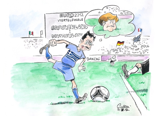 Cartoon: Ansporn (medium) by Paolo Calleri tagged antipathie,sympathie,merkel,angela,kanzlerin,krisenmanagement,emotionen,stimmung,sport,fußball,politik,eu,athen,krise,schuldenkrise,eurokrise,danzig,polen,griechenland,deutschland,viertelfinale,uefa,2012,euro,europameisterschaft,em,fussball,griechenland,viertelfinale,deutschland,em 2012,euro 2012,em,2012,euro