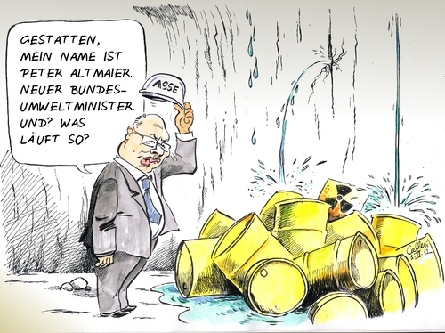 Cartoon: Antrittsbesuch (medium) by Paolo Calleri tagged bundesumweltminister,peter,altmaier,atommüll,endlager,schachtanlage,asse,marode,radioaktiv,abfälle,besuch,strahlenmüll,wasser,energiewende,atomar,bundesumweltminister,peter altmaier,atommüll,radioaktiv,peter,altmaier