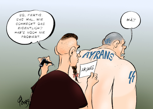 Cartoon: Aryans (medium) by Paolo Calleri tagged deutschland,generalbundesanwalt,generalbundesanwaltschaft,neonazis,nationalsimus,gruppe,aryans,kameradschaft,justiz,verfahren,daten,polizist,ermittlungen,ayran,getraenk,tuerkisch,tuerkei,auslaenderfeindlich,rechtsextremistisch,rechtsextremismus,vereinigung,terroristisch,karikatur,cartoon,paolo,calleri,deutschland,generalbundesanwalt,generalbundesanwaltschaft,neonazis,nationalsimus,gruppe,aryans,kameradschaft,justiz,verfahren,daten,polizist,ermittlungen,ayran,getraenk,tuerkisch,tuerkei,auslaenderfeindlich,rechtsextremistisch,rechtsextremismus,vereinigung,terroristisch,karikatur,cartoon,paolo,calleri