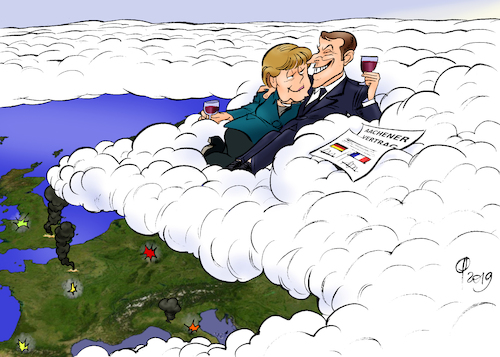 Cartoon: Auf neuer Ebene (medium) by Paolo Calleri tagged eu,deutschland,frankreich,bundeskanzlerin,praesident,angela,merkel,emmanuel,macron,aachen,freundschaft,pakt,vertrag,europa,nationalismus,krieg,frieden,populismus,rechtextremismus,rechtspopulismus,brexit,zeichen,gemeinschaft,werte,militaer,geschichte,karikatur,cartoon,paolo,calleri,eu,deutschland,frankreich,bundeskanzlerin,praesident,angela,merkel,emmanuel,macron,aachen,freundschaft,pakt,vertrag,europa,nationalismus,krieg,frieden,populismus,rechtextremismus,rechtspopulismus,brexit,zeichen,gemeinschaft,werte,militaer,geschichte,karikatur,cartoon,paolo,calleri