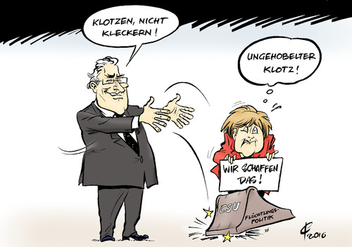 Cartoon: Bremsklotz (medium) by Paolo Calleri tagged kreuth,wildbad,bayern,deutschland,csu,klausur,innenminister,joachim,herrmann,bundeskanzlerin,cdu,vorsitzende,angela,merkel,bremsklotz,fluechtlingspolitik,fluechtlingskrise,bundesregierung,umgang,fluechtlingsstrom,einwanderung,willkommenskultur,kurs,obergrenze,karikatur,cartoon,paolo,calleri,deutschland,bayern,wildbad,kreuth,csu,klausur,innenminister,joachim,herrmann,bundeskanzlerin,cdu,vorsitzende,angela,merkel,bremsklotz,fluechtlingspolitik,fluechtlingskrise,bundesregierung,umgang,fluechtlingsstrom,einwanderung,willkommenskultur,kurs,obergrenze,karikatur,cartoon,paolo,calleri