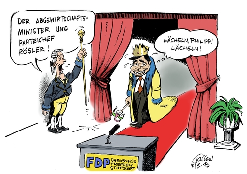 Cartoon: Dreikönigstreffen (medium) by Paolo Calleri tagged fdp,liberale,dreikönigstreffen,2013,stuttgart,parteichef,bundeswirtschaftsminister,philipp,rösler,amtsverzicht,gerüchte,schwächung,umfragetief,umfragen,partei,bundestagswahl,mitgliederentwicklung,könig,sturz,machtkampf,intriganten,gegner,krise,fdp,liberale,dreikönigstreffen,2013,stuttgart,parteichef,bundeswirtschaftsminister,philipp,rösler,amtsverzicht,gerüchte,schwächung,umfragetief,umfragen,partei,bundestagswahl,mitgliederentwicklung,könig,sturz,machtkampf,intriganten,gegner,krise