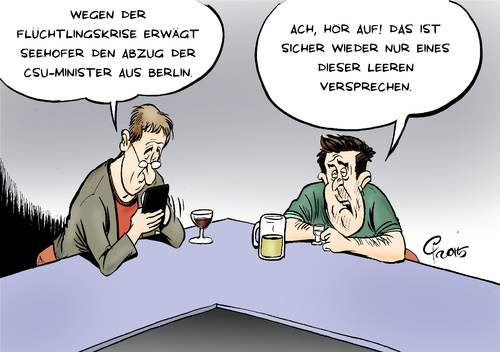 Cartoon: Drohung (medium) by Paolo Calleri tagged eu,deutschland,berlin,regierung,koalition,kabinett,minister,csu,ministerpraesident,horst,seehofer,drohung,erwaegung,fluechtlinge,fluechtlingskrise,abzug,asyl,syrer,grenzen,bayern,karikatur,cartoon,paolo,calleri,eu,deutschland,berlin,regierung,koalition,kabinett,minister,csu,ministerpraesident,horst,seehofer,drohung,erwaegung,fluechtlinge,fluechtlingskrise,abzug,asyl,syrer,grenzen,bayern,karikatur,cartoon,paolo,calleri