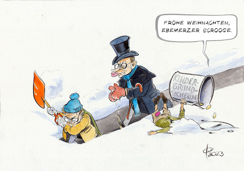 Cartoon: Eine Weihnachtsgeschichte (medium) by Paolo Calleri tagged deutschland,politik,opposition,cdu,union,merz,kindergrundsicherung,buergergeld,arbeit,soziales,finanzen,kinder,familien,karikatur,cartoon,paolo,calleri