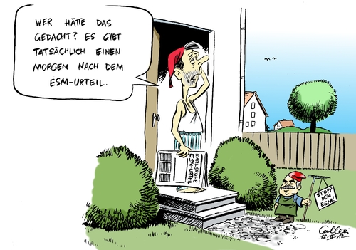 Cartoon: ESM-Urteil (medium) by Paolo Calleri tagged rettungsschirm,urteil,karlsruhe,bundesverfassungsgericht,eurozone,euro,stabilitätsmechanismus,europäischer,esm,klage,schuldenkrise,fiskalpakt,esm,europäischer,stabilitätsmechanismus,euro,eurozone,bundesverfassungsgericht,karlsruhe,urteil,rettungsschirm