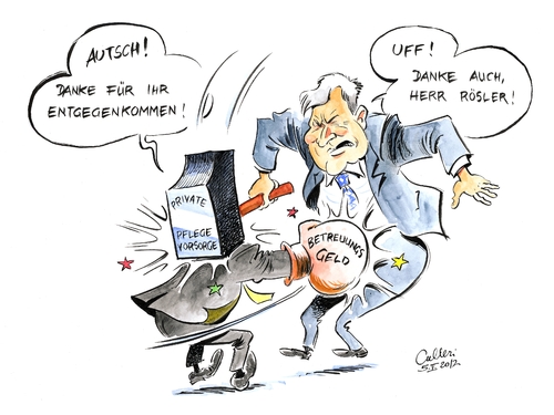 Cartoon: Geben und Nehmen (medium) by Paolo Calleri tagged koalitionsgipfel,krisengipfel,union,cdu,csu,liberale,fdp,horst,seehofer,angela,merkel,philipp,rösler,dreiergipfel,dauerstreit,betreuungsgeld,private,pflegevorsorge,kernanliegen,koalition,streit,geschacher,klientelpolitik,koalitionsgipfel,krisengipfel,union,cdu,csu,liberale,fdp,seehofer,merkel,rösler,dreiergipfel,pflegevorsorge,betreuungsgeld