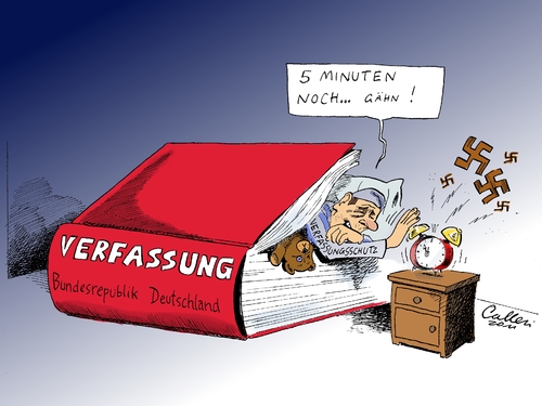 Cartoon: In schlechter Verfassung (medium) by Paolo Calleri tagged polizistin,heilbronn,untergrund,nationalsozialistischer,nsu,thüringen,zelle,zwickauer,mordserie,npd,terrorismus,geheimdienste,deutschland,brd,verfassungsschutz,verfassung,verfassung,verfassungsschutz,brd,deutschland,geheimdienste,terrorismus,npd,zwickauer,mordserie,zwickau,nazis