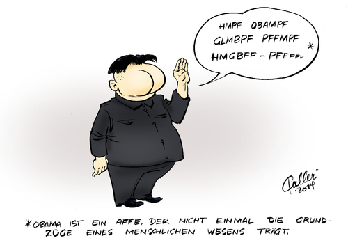 Cartoon: Kim Jong Ungehobelt (medium) by Paolo Calleri tagged nordkorea,pjoengjang,staatsführung,medien,nachrichtenagentur,kcna,usa,präsident,barack,obama,rassismus,hautfarbe,hetze,propaganda,kim,jong,un,karikatur,cartoon,paolo,calleri,nordkorea,pjoengjang,staatsführung,medien,nachrichtenagentur,kcna,usa,präsident,barack,obama,rassismus,hautfarbe,hetze,propaganda,kim,jong,un,karikatur,cartoon,paolo,calleri