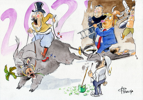 Cartoon: Na Prosit! (medium) by Paolo Calleri tagged welt,silvester,neujahr,politik,wirtschaft,arbeit,soziales,krieg,wahlen,demokratie,merz,trump,kim,putin,ukrainekrieg,afd,ostdeutschland,karikatur,cartoon,paolo,calleri