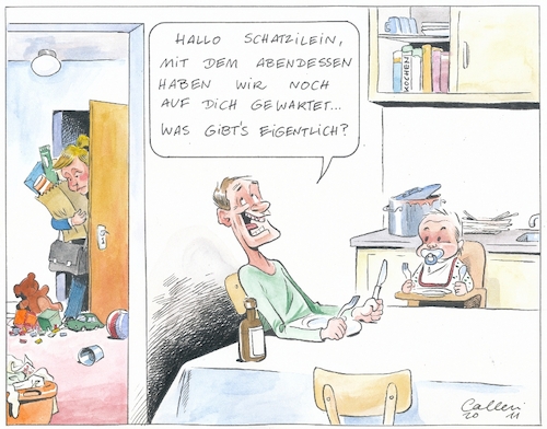 Cartoon: Nach d. Arbeit ist vor d. Arbeit (medium) by Paolo Calleri tagged mann,frau,kind,haushalt,beruf,berufstaetigkeit,chancen,chancengleichheit,aufgabenteilung,arbeit,mann,frau,kind,haushalt,beruf,berufstaetigkeit,chancen,chancengleichheit,aufgabenteilung